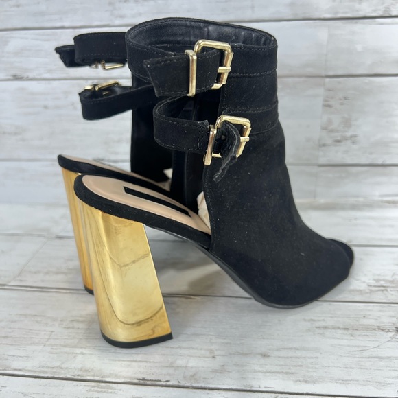 Forever 21 Black Peep Toe Booties with Block Gold Heel Buckle Double Straps 8 - Picture 14 of 14